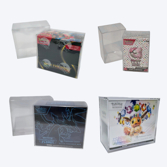 Various Pokémon sealed products all shown within a protective plastic or acrylic case. 