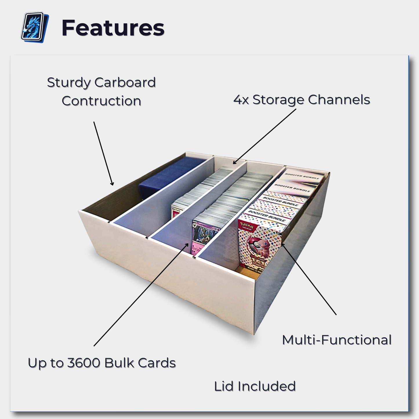 Trading Card Bulk Storage Box | 4-Row Card Box – Holds 3600 Cards