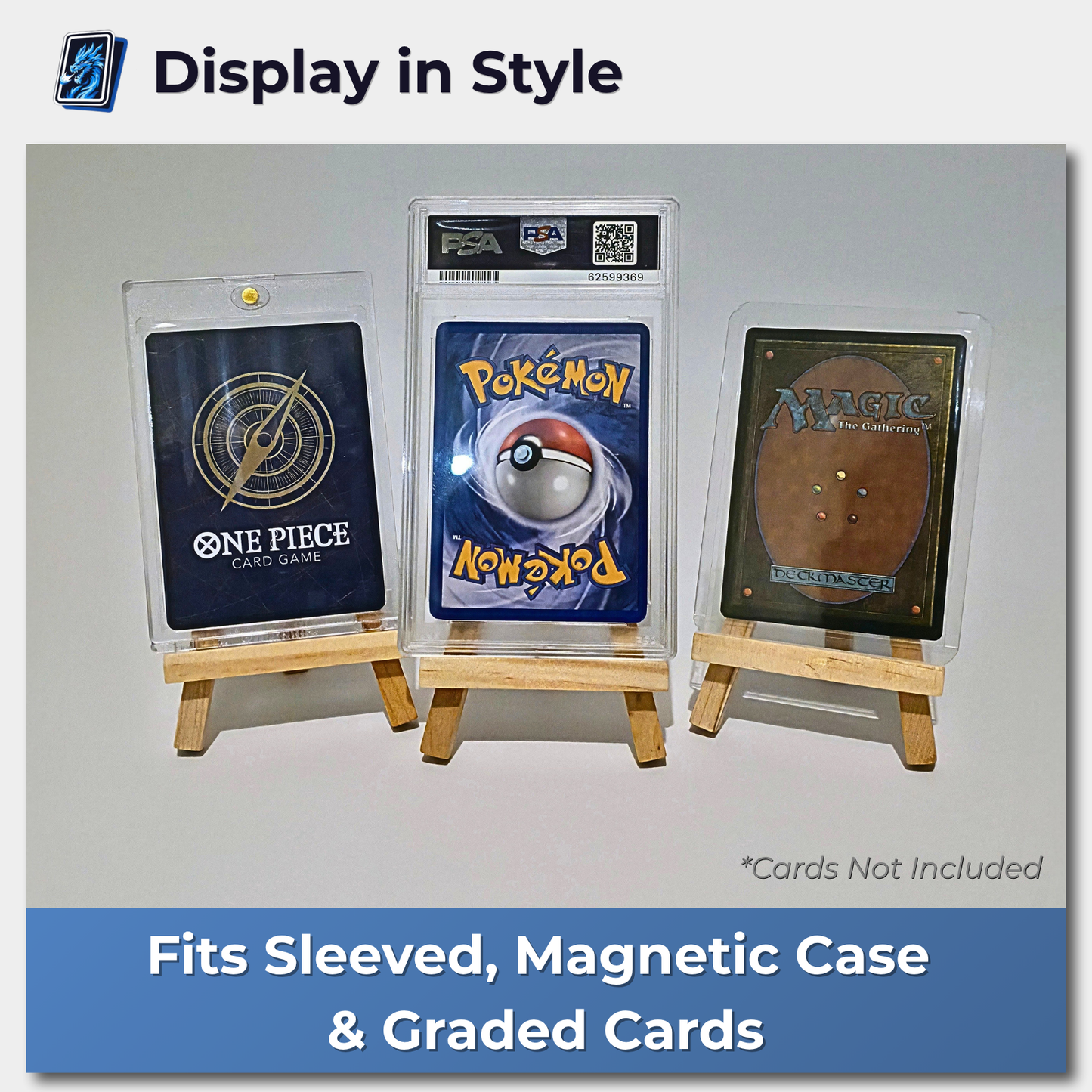 Trading Card Display Stand – Pokémon & PSA Graded Card Holder for Toploaders & Magnetic Cases (1–10 Pack)
